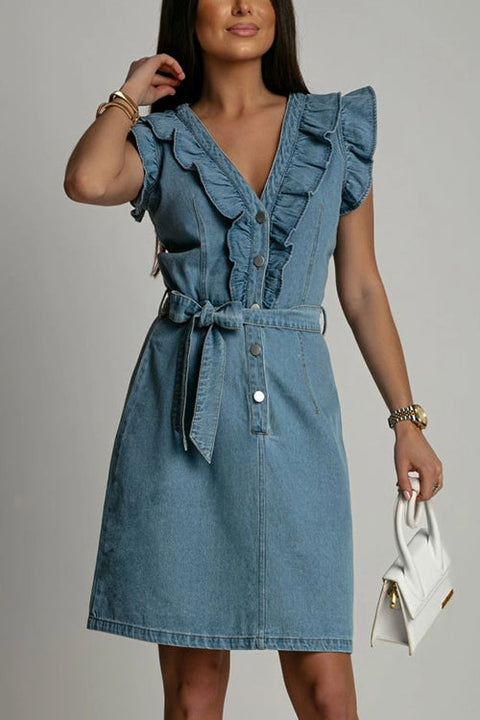 Camilladress V Neck Button Up Tie Waist Ruffle Trim Denim Dress