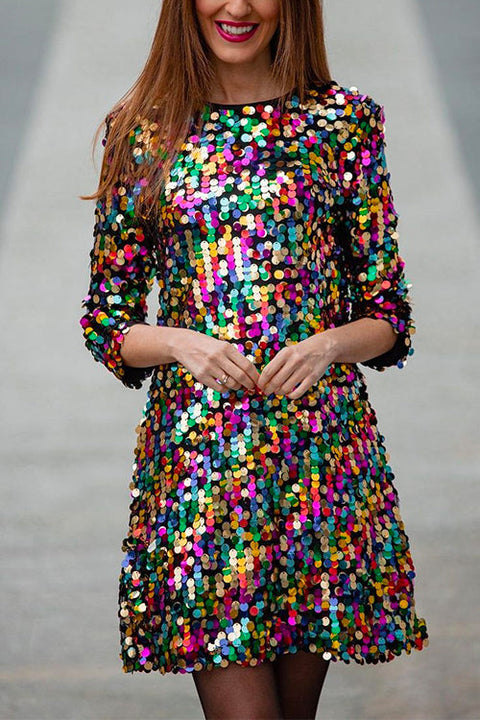 3/4 Sleeves Back Cut Out Rainbow Sequin Mini Party Dress