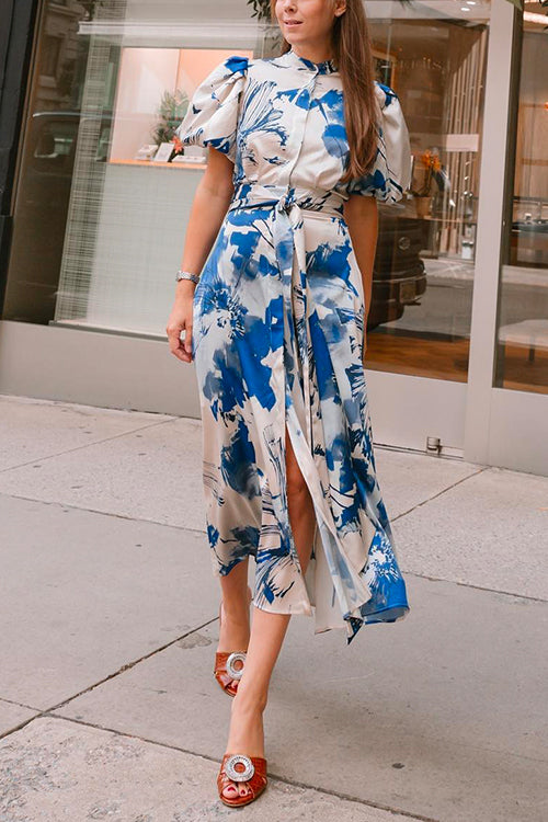 Camilladress Puff Sleeve Tie Waist Button Up Printed Midi Dress