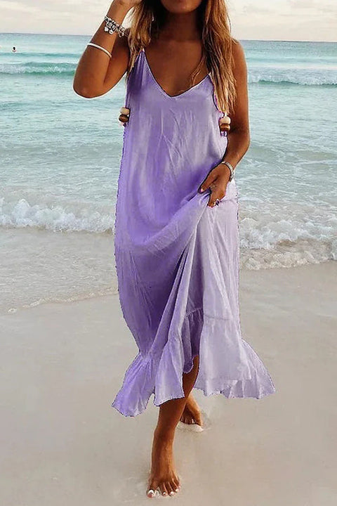 Camilladress V Neck Ruffle Solid Cami Beach Dress