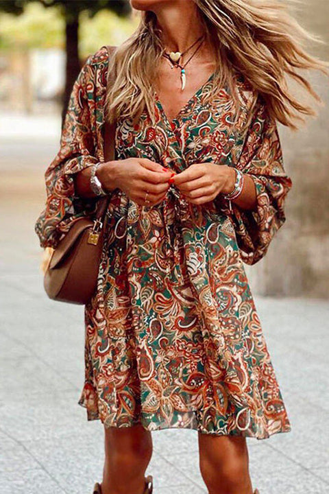 Camilladress 3/4 Sleeve Wrap V Neck Tie Waist Printed Dress