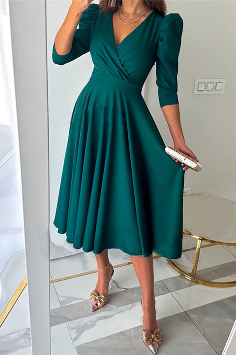 Camilladress 3/4 Sleeve Wrap V Neck High Waist Swing Dress