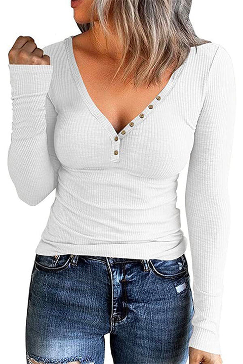 Camilladress V Neck Buttons Long Sleeve Slim Fit T-shirt