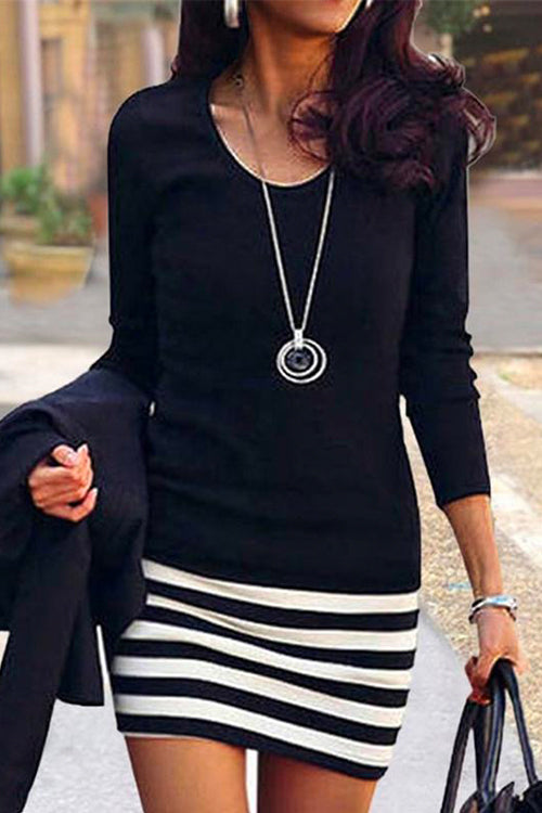 Camilladress Crewneck Long Sleeve Stripes Splice Dress