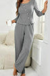 Camilladress Crewneck Buttons Long Sleeve Top and Straight Leg Pants Solid Set