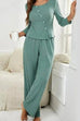 Camilladress Crewneck Buttons Long Sleeve Top and Straight Leg Pants Solid Set