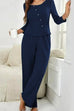 Camilladress Crewneck Buttons Long Sleeve Top and Straight Leg Pants Solid Set