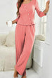 Camilladress Crewneck Buttons Long Sleeve Top and Straight Leg Pants Solid Set