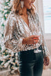 Camilladress Stylish V Neck Long Sleeve Sequin Splice Top