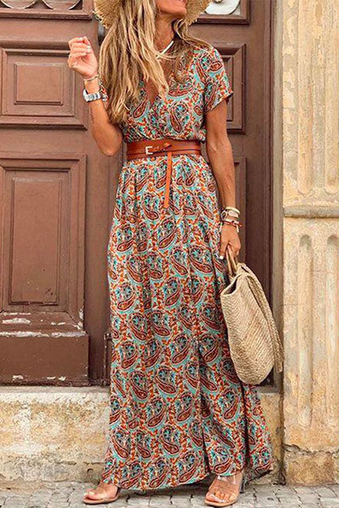 Camilladress Bohemia Wrap V Neck High Split Printed Dress