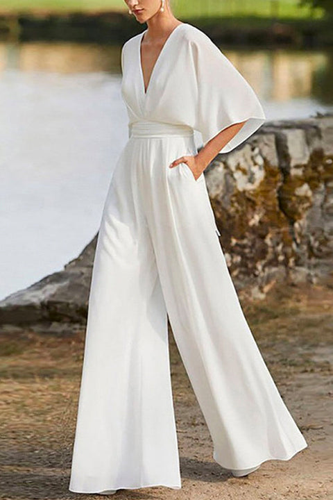 Camilladress Deep V Neck High Waist Wide Leg Jumpsuit