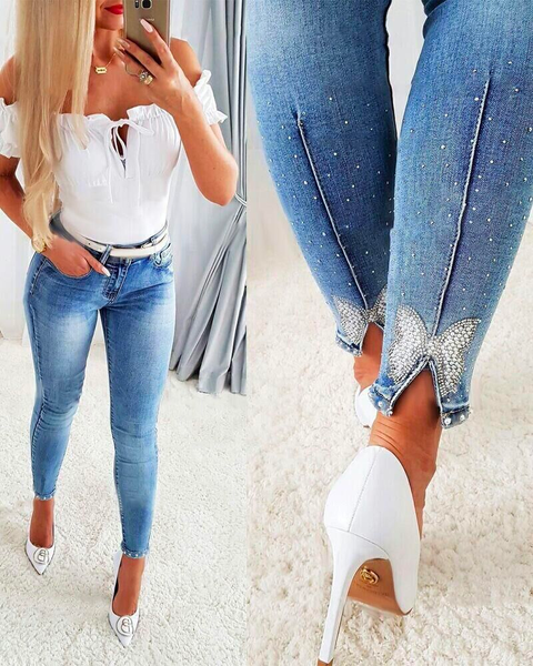 Camilladress Beaded Butterfly Distressed Skinny Denim Pants