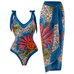 Camilladress V Neck Bow Shoulder One-piece Swimwear and Wrap Cover Up Skirt Printed Set