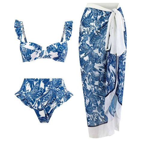 Camilladress Ruffle Trim Two-Piece Swimwear and Wrap Cover Up Skirt Print Set