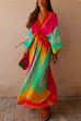 Camilladress V Neck Balloon Sleeves Rainbow Gradient Maxi Swing Dress