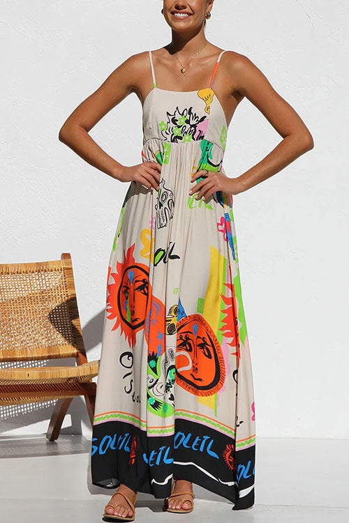 Camilladress Tie Back Cut Out Graffiti Print Flowy Maxi Cami Dress