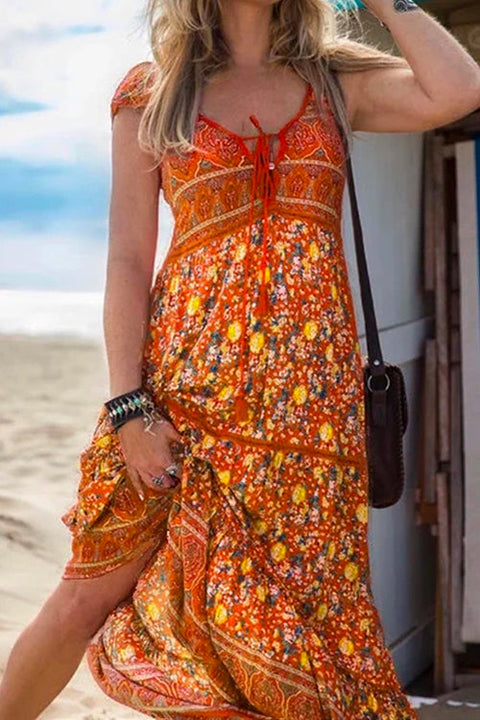 Camilladress Tassel V Neck Bohemia Printed Maxi Beach Dress