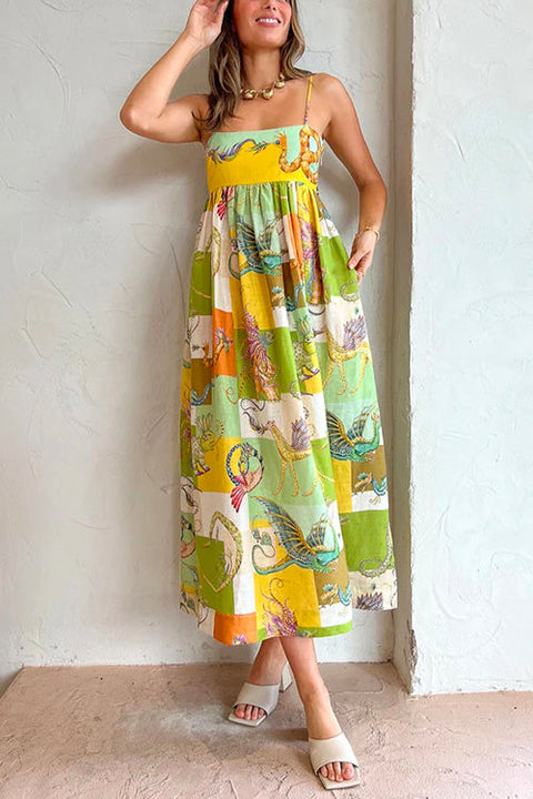 Camilladress Bow Knot Back Dinosaur Printed Cami Maxi Holiday Dress