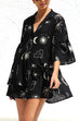 Camilladress Flare Sleeves Button Down Graffiti Print Ruffle Shirt Dress