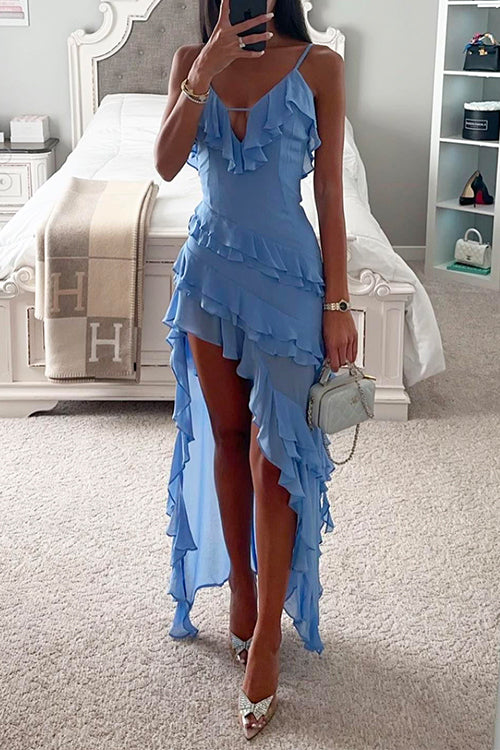 Camilladress V Neck Ruffle Trim High Low Hem Party Cami Dress