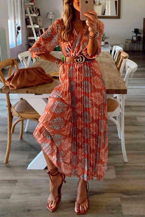 Camilladress V Neck Half Sleeves Tropic Printed Pleated Maxi Holiday Dress