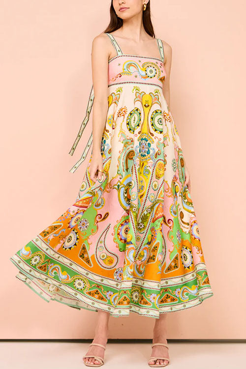 Camilladress Bow Back High Waist Unique Print Swing Maxi Cami Dress