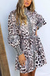 Puff Sleeve Tie Waist Button Down Leopard A-line Dress