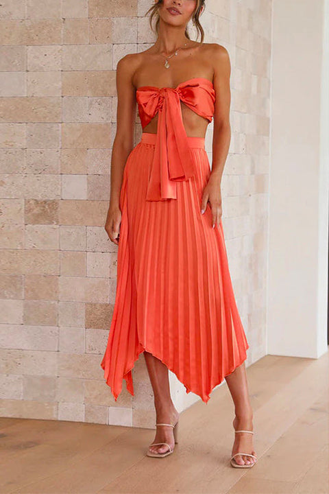 Camilladress Off Shoulder Tie Front Top and Irregular Pleated Skirt Set