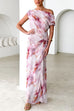 Asymmetric One Shoulder Ruched Waist Print Maxi Dress