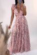 Camilladress Deep V Neck Cut Out Sleeveless Ruffle Floral Print Maxi Dress