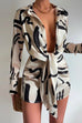 Camilladress Lapel Long Sleeve Tie Knot Front Printed Mini Dress