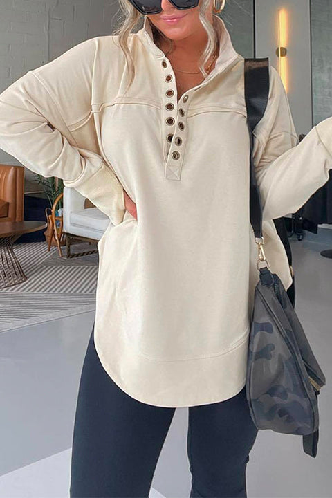 Camilladress Stand Collar Button Up Curve Hem Sweatshirt with Thumb Hole