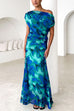 Off Shoulder Ruched Lagoon Print Maxi Dress