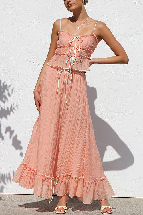 Camilladress Frill Trim Bow Crop Cami Top and Ruffle Maxi Skirt Set