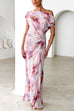 Asymmetric One Shoulder Ruched Waist Print Maxi Dress