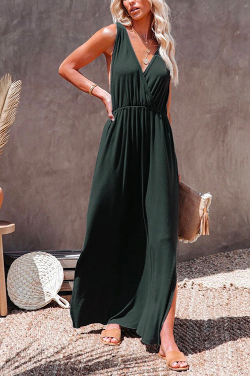 Camilladress Sleeveless V Neck Side Split Solid Maxi Sundress