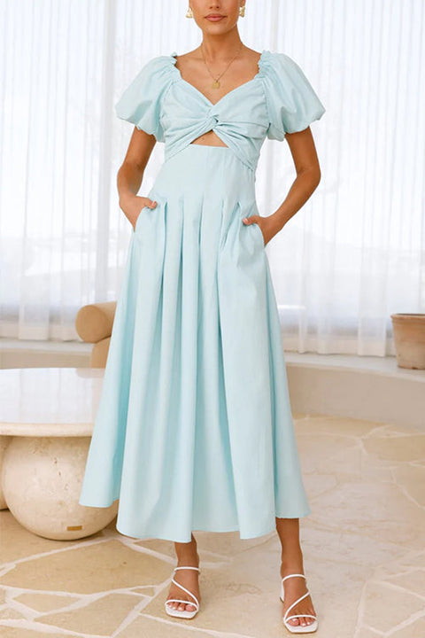 Camilladress V Neck Twist Front Puff Sleeves Cut Out Maxi Dress