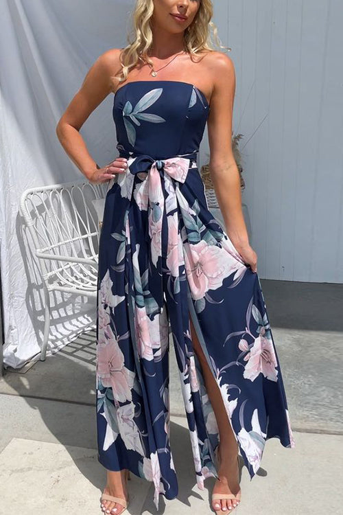 Strapless Bow Waist Slit Wide Leg Floral Jumpsuit