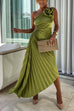 Camilladress 3D Rose One Shoulder Cut Out Waist Asymmetric Hem Pleated Maxi Dress