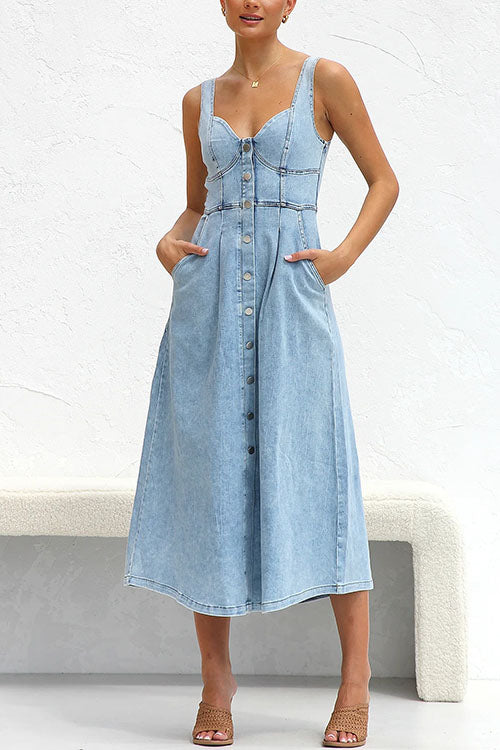 Camilladress Distressed Button Down Pocketed Denim A-line Midi Cami Dress