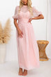 Mockneck Ruched Waist Fairy Pink Mesh Maxi Flowy Dress