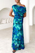 Off Shoulder Ruched Lagoon Print Maxi Dress