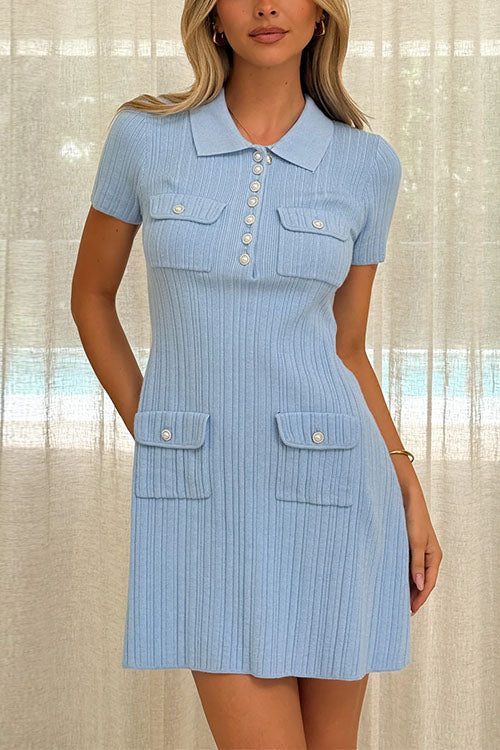 Short Sleeves Button Up Pocketed Mini Polo Dress