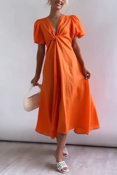 Camilladress V Neck Twist Knot Front Puff Sleeves Cotton Linen Maxi Dress