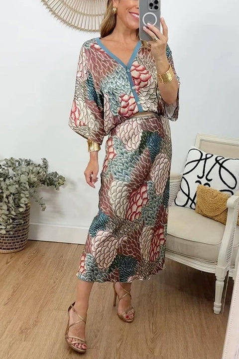 Camilladress 3/4 Sleeves Button Up Top and High Waist Maxi Skirt Printed Set