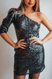 One Shoulder Puff Sleeve Sequin Mini Party Dress