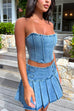 Camilladress Crop Tube Top High Rise Slit Pleated Mini Skirt Denim Set