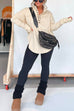 Camilladress Stand Collar Button Up Curve Hem Sweatshirt with Thumb Hole