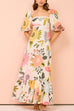 Camilladress Square Collar Puff Sleeves Floral Print Cotton Linen Ruffle Maxi Dress