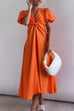 Camilladress V Neck Twist Knot Front Puff Sleeves Cotton Linen Maxi Dress